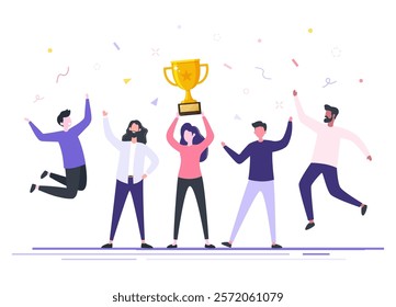 Happy dream team winners hold a golden trophy cup award, Successful teamwork people with goblet, Triumph reward, Team celebrating victory, Winning business team concept flat vector illustration.