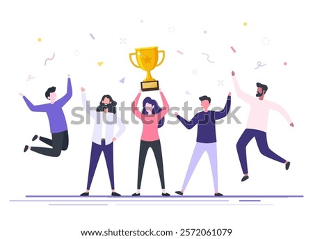 Happy dream team winners hold a golden trophy cup award, Successful teamwork people with goblet, Triumph reward, Team celebrating victory, Winning business team concept flat vector illustration.
