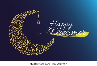 Happy dreamer, beautiful greeting card with moon and star