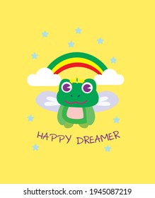 happy dreamer with fairy frog illustration, vector background