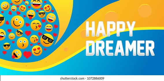 happy dreamer, label with emoji or emoticon for greeting card or poster