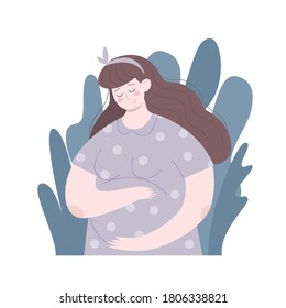 Happy dreaming pregnant woman among flowers on white background. Vector illustration in  flat trend style. Template for cards, posters