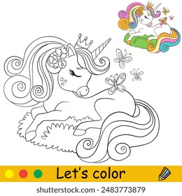 Glücklich träumendes Einhorn. Malbuch für Kinder. Vektorgrafik monochrome Illustration mit farbiger Vorlage des niedlichen Einhorns. Zauberpony-Comic-Figur. Bereit zum Drucken. Für Kinder Färbung, Aufkleber, Design