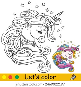 Happy dreaming unicorn portrait. Kids coloring book. Vector monochrome illustration with color template. Magic pony cartoon character. Ready to print. For children coloring, stickers, design