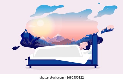 Happy Dreams - Man Sleeping In Bed, Dreaming Of Beautiful Nature With Sunrise And Birds. Good Night Sleep And Dreaming Of Freedom Concept. Vector Illustration.