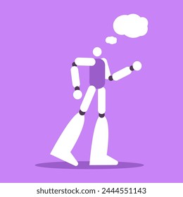 Happy dreamy AI Robot. Cyborg looks to the side with excited interest. Bot dreams, thinks. Flat vector illustration.