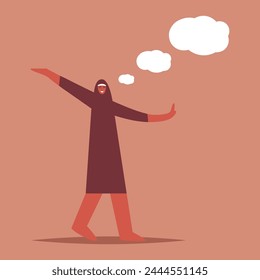 Happy dreamy Arab woman. Girl looks to the side with excited interest. Female character dreams, thinks. Flat vector illustration.