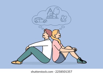 Happy dreamy couple imagine bright future together. Smiling man and woman dream of shared life, make plans for motherhood, realty and car. Family planning. Vector illustration. 