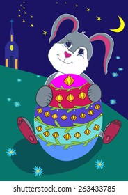 Happy, dreamy, Easter bunny with eggs at night