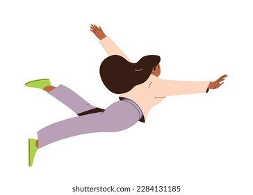 Happy dreamy woman character flying in air feeling free and satisfied isolated on white background