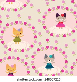 Happy dressed kittens surrounded in flower circles. A tiling set. 
