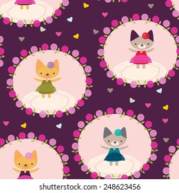   Happy dressed kittens surrounded in flower circles. A tiling set. 