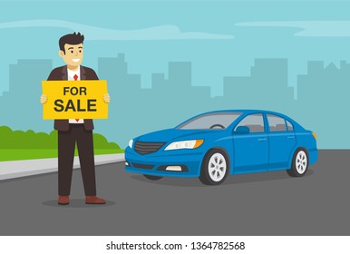 A happy dressed in a suit salesman, manager with poster is standing next to the car. Businessman holding paper. Flat vector illustration.