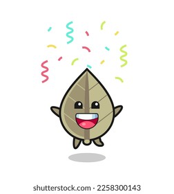happy dried leaf mascot jumping for congratulation with colour confetti , cute style design for t shirt, sticker, logo element