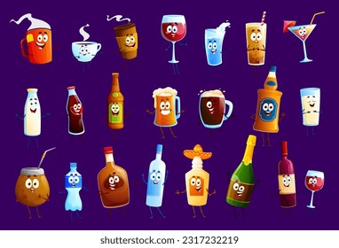 Happy drink and beverage characters. Vector tea or coffee cups and wine glass, water, cola or soda. Cocktail, milk, rum or tequila, pulque and champagne bottle. Brandy, coconut juice, beer tankard