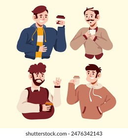 Personaje de dibujos animados de café de bebida feliz establecido en Ilustración vectorial de estilo moderno