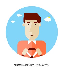 Happy driver character holding his driving wheel. Profession. Vector Illustration. Flat design.