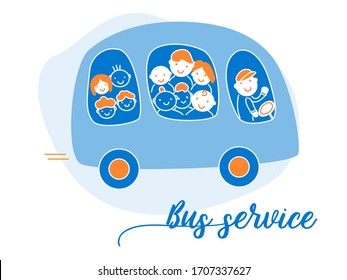 A happy driver, children and adults in a blue bus. Flat style vector illustration for transfer or taxi service, small business, app, website.