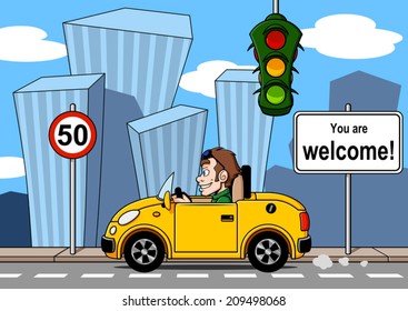 A happy driver is going into the city. Illustration in cartoon style with cityscape.