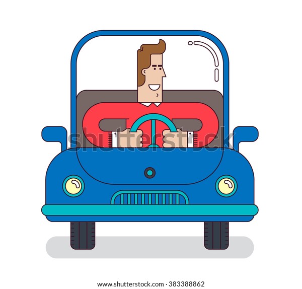 Happy driver\
on blue car. Transportation concept. Flat vector illustration\
isolated on white\
background.