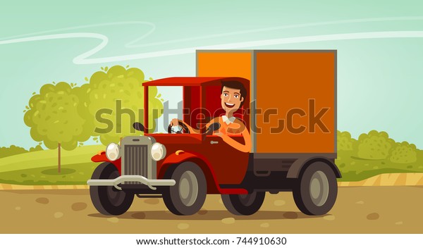 Happy driver rides in retro truck.\
Delivery, farming concept. Cartoon vector\
illustration