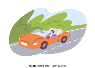 Happy driver riding convertible car. Man travel alone by open-top auto. Person traveling by road on summer holidays. Weekend journey on cabriolet. Flat vector illustration isolated on white background