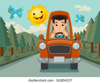 Happy driver that goes to his destiny in a friendly and pleasant landscape, accompanied by two adorable birds flying.