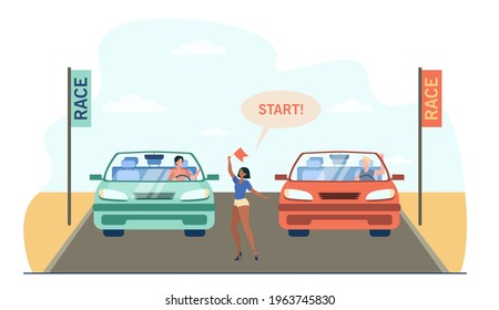 Happy drivers in cars standing on start. Vehicle, flag, race flat vector illustration. Racing and competition concept for banner, website design or landing web page