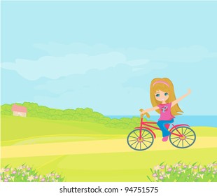 Happy Driving Bike with Cute Smiling Young Girl
