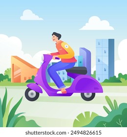 Happy Driving Vespa City Flat Vector Illustration