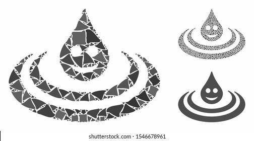 Happy drop Ripple mosaic of inequal pieces in various sizes and color hues, based on happy drop Ripple icon. Vector bumpy pieces are organized into mosaic.