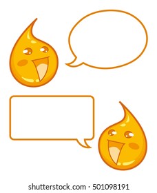 Happy Drops of Sweet Honey / Caramel with Speech Bubbles - Cartoon Mascot Illustration. Happily smiling drops of honey/syrup with empty comic bubbles for your message. Round and rectangular balloons.