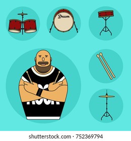 Happy drummer with beard. Cartoon vector illustration. Flat style character. Drum kit elements.  