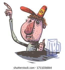 Happy drunk drank a pint of beer. Comic character. Vector illustration