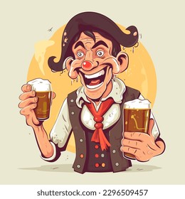 A happy drunk drinking beer at Oktoberfest. cartoon vector illustration, white background, label, sticker, t-shirt design