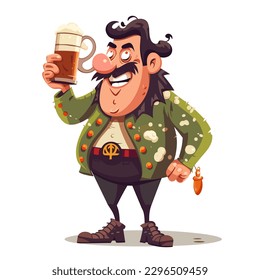 A happy drunk drinking beer at Oktoberfest. cartoon vector illustration, white background, label, sticker, t-shirt design