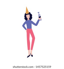 Happy drunk girl with party hat celebrating birthday - female cartoon character holding and waving wine bottle while posing, isolated vector illustration