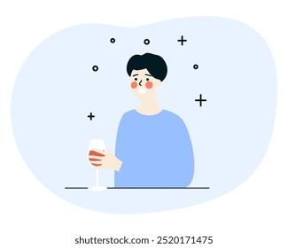 Happy drunk man holding a glass of wine. Holiday celebration, leisure, party, relaxed lifestyle, alcohol addiction concept. Flat vector character design isolated illustration.