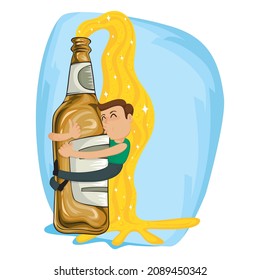 Happy drunk man hugging a beer bottle, Illustration vector cartoon