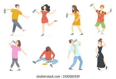 Felices borrachos listos para el diseño web. Caracteres borrachos de dibujos animados con botellas de vino aisladas en la colección de ilustraciones vectoriales de fondo blanco. Concepto de bebidas alcohólicas y emociones