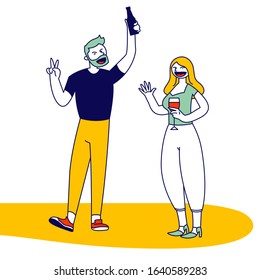 Happy Drunk People Rejoice during Party or Festive Event Celebration. Hipster Bearded Man Holding Beer Bottle Show Victory Symbol, Woman with Wine Glass Waving Hand. Cartoon Flat Vector Illustration