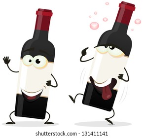 Happy And Drunk Red Wine Bottle Character/ Illustration of a couple of funny cartoon red wine alcohol bottles with a happy one and another drunk staggering