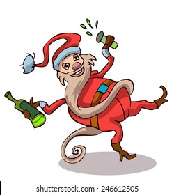 Happy Drunk Santa Claus with a Bottle and Glass in his hands, Vector Illustration isolated on White Background.
