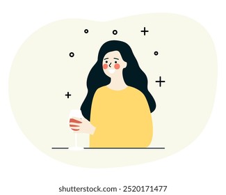 Mujer borracha feliz que sostiene una copa de vino. Celebración de Festiva, ocio, fiesta, estilo de vida relajado, concepto de adicción al alcohol. Ilustración aislada del diseño plano del carácter del Vector.