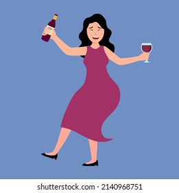 Happy Drunk Woman Holding Wine Or Beer Glass And Alcohol Bottle In The Party, Alcoholic Female Drinker.