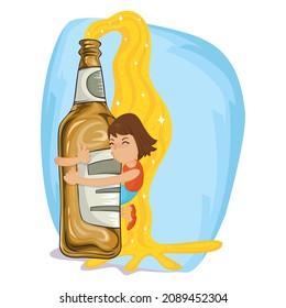 Happy drunk woman hugging a beer bottle, Illustration vector cartoon
