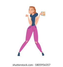 Happy Drunk Woman with Mug of Beer in her Hands, Drunkenness, Bad Habit Concept Cartoon Style Vector Illustration