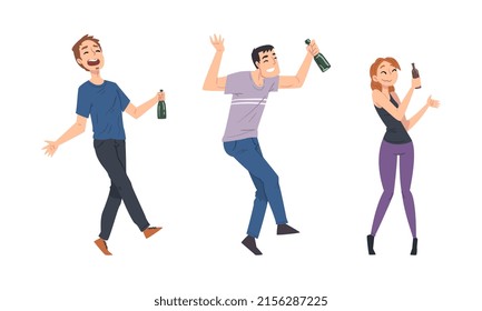 Happy drunk young men and woman walking with bottles of alcohol drinks cartoon vector illustration