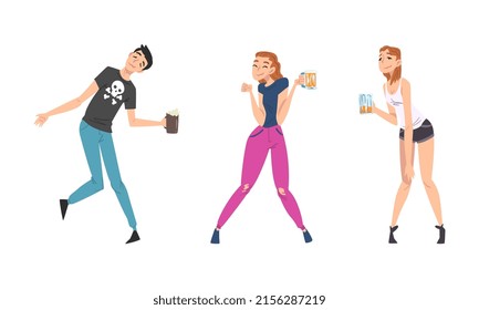 Happy drunk young people with beer mugs cartoon vector illustration