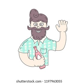 Happy drunken man with beard and bottle of beer in colorful shirt. Funny drunkard on a festival. Vector isolated illustration. 